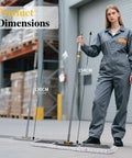 Woman standing with Heavy Duty 36 Inch Commercial Mop Kit With One Cotton Pad And One Microfiber Pad in a warehouse.