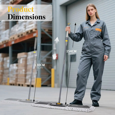 Woman standing with Heavy Duty 36 Inch Commercial Mop Kit With One Cotton Pad And One Microfiber Pad in a warehouse.