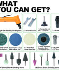 Contents of Pro Grade 110 Degree Air Die Grinder 18000 RPM Pneumatic Angle Tool Kit including accessories and collets