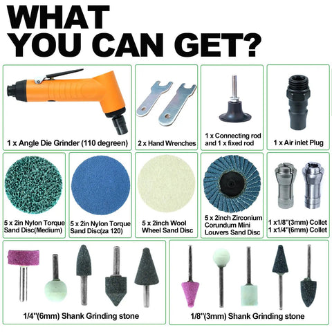Contents of Pro Grade 110 Degree Air Die Grinder 18000 RPM Pneumatic Angle Tool Kit including accessories and collets