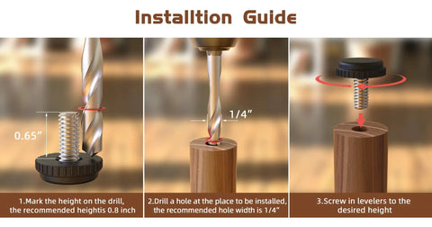 Installation guide for 5/16 Inch Thread Leveling Feet Set, 8 Heavy Duty Adjustable Stainless Steel Screw In Glide Levelers for furniture.