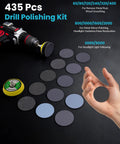 Pro Grade 2-Inch Wet And Dry Sanding Discs Set With 435 Pcs, 60 To 5000 Grit Hook And Loop Sandpaper, drill, and hand holding a disc