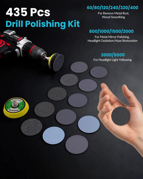 Pro Grade 2-Inch Wet And Dry Sanding Discs Set With 435 Pcs, 60 To 5000 Grit Hook And Loop Sandpaper, drill, and hand holding a disc