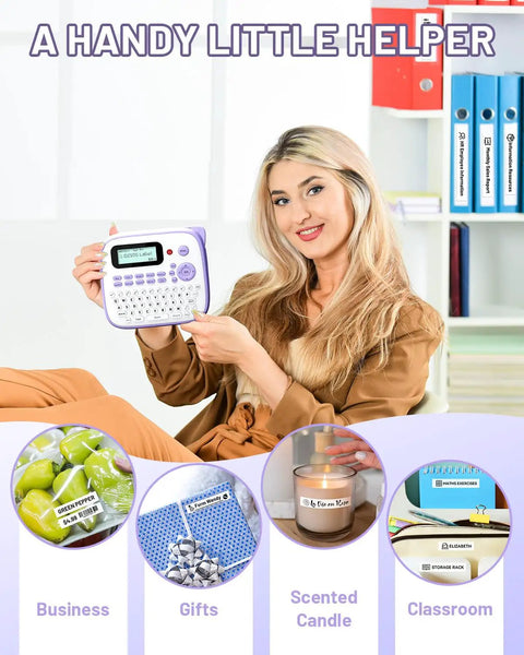 Handheld Electric Label Maker With Keyboard And BZ Laminated Tapes Offering Super Slick Operation in use by a woman.