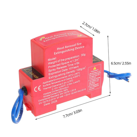 Straight Up Automatic Vehicle Fire Extinguisher For Trucks And Sedan Rides Thirty Gram Ultra Aerosol Suppression System, red device with dimensions.