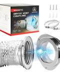 Magnetic Dryer Vent Kit With Airtight Seal And Quick Connect For Easy Hose Attachment Includes 6 Ply Aluminum Foil Duct And 2 Clamps No Mess Locks Tight And Is Easy To Clean showing packaging and components.