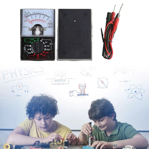 Analog Multimeter for Physics Classrooms and Lab Experiments, black plastic, 60x85 mm, with leads, kids using it in class