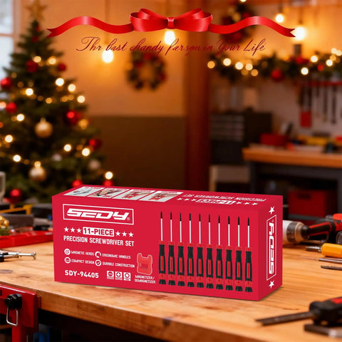Festive workshop with 16 Piece Magnetic Screwdriver Set With Slotted Phillips And Torx Bits, Built In Magnetizer And Demagnetizer.