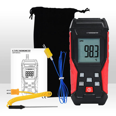 Front view of K-type digital thermometer with LCD display and 2 probes, red/black handheld unit, yellow coiled lead.