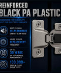 Reinforced black PA plastic cabinet hinge with soft-close feature for Premium Replacement Cabinet Hinges 110 And 120 Degree Heavy Duty use.