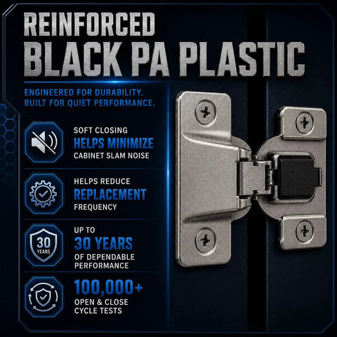 Reinforced black PA plastic cabinet hinge with soft-close feature for Premium Replacement Cabinet Hinges 110 And 120 Degree Heavy Duty use.