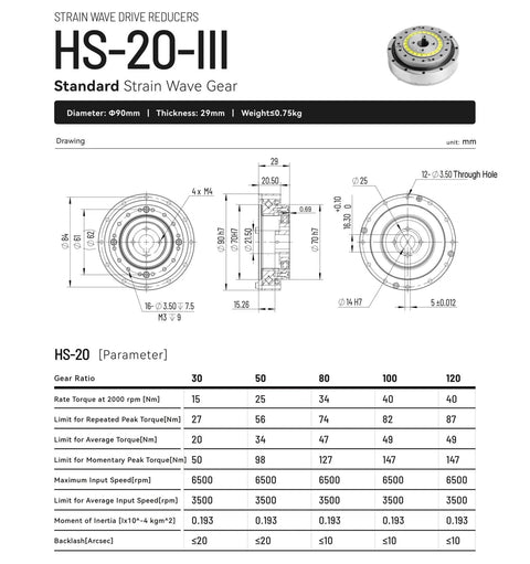 Diagram and specifications of SHF 20 III Strain Wave Gear Reducer for Automation Stepper Motor Compact Beast Mode Heavy Duty Gearbox.