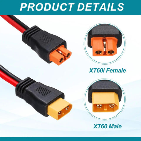 XT60 Extension Cable 10AWG 2Ft Female To Male Beefy Power Lead showing XT60i Female and XT60 Male connectors
