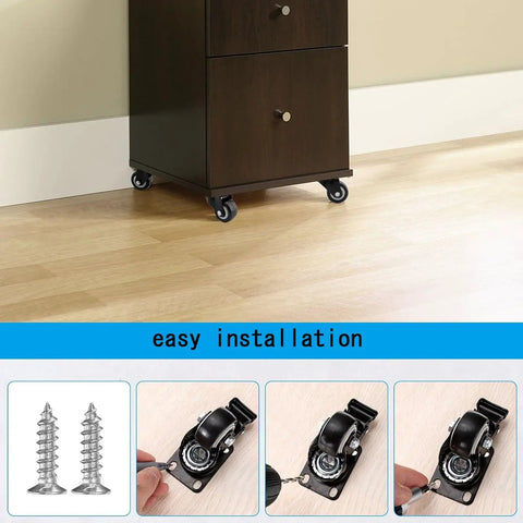 Set Of 4 Heavy Duty Swivel Caster Wheels With Secure Brakes on cabinet, showing easy installation with screws and mounting.