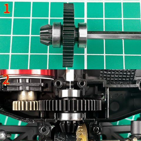 Beefy 40Cr Steel Differential Spur Gear With Pinion Assembly in green background, fitted in RC car drivetrain.