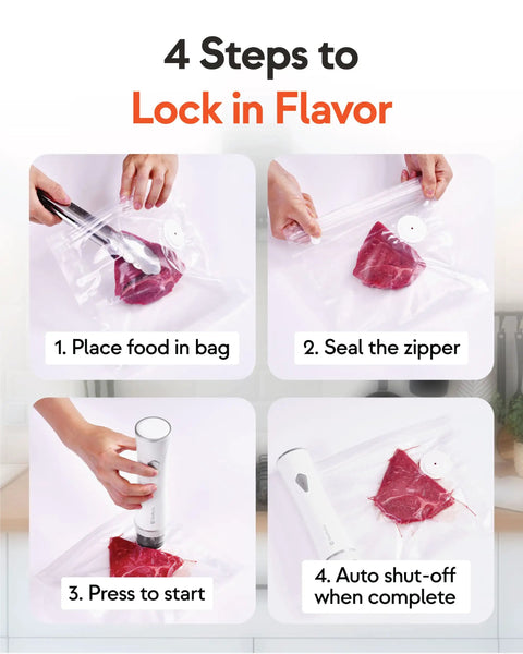 4 steps to use Compact Handheld Vacuum Sealer Kit With 30 Reusable Bags, Cordless Sealer, Foldable Drying Rack, USB C Charging Cable