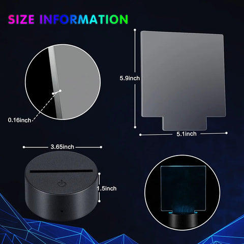 Six Sets Of 3D Night LED Light Lamp Bases With Clear Acrylic Sheets Remote Controls And USB Cables For Restaurant Bar Cafe Shop Room Decor Square Style with size dimensions