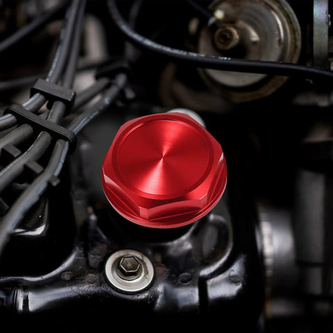 Red Aluminum Oil Filler Cap Plug Cover For Toyota Vehicles Aimed At Highlander RAV4 Yaris Camry Corolla Tacoma Land Cruiser And More Durable Stylish Engine Bay Accessory With Easy Install installed view