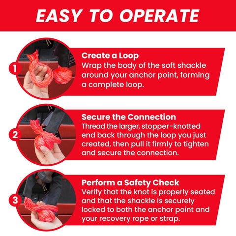 Steps for using Red Half Inch By Twenty Two Inch Soft Shackle Rope For Offroad Recovery With 57000 Lbs Break Strength