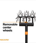 Extendable Go To Garden Tiller Cultivator For Lawn And Garden Beds From Forty To Sixty Inches Lightweight All Steel Telescoping Rotary Hand Tool For Soil Aeration And Seedling Row Cultivation close-up of removable center wheels.