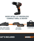 Nitro 20V Cordless Drill Driver Workhorse with battery, charger, and carry bag included.
