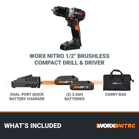 Nitro 20V Cordless Drill Driver Workhorse with battery, charger, and carry bag included.