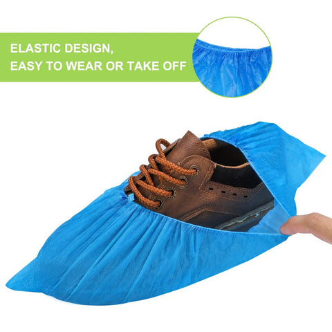 Disposable Shoe Covers For Indoor Use Pack Of 200 With 100 Pairs, Waterproof CPE Booties, shown covering a brown shoe.