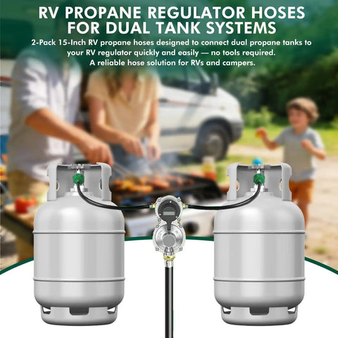 Dual Tank RV Propane Hose 15 Inch Four Layer QCC1 Type 1 To One Quarter Inch Male NPT Camper Gas Line CSA Certified 350 PSI Pack Of Two With Easy Hookups For RVs And Campers shown with two propane tanks outdoors.