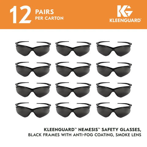 V30 Nemesis Anti Fog Safety Glasses With Smoke Lenses Black Frame Unisex Eye Protection, pack of 12 displayed in rows.