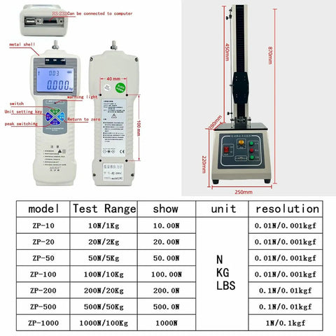 Electric Tensile Testing Machine With 10N To 2000N Digital Push Pull Gauge And 450mm Stroke Overload And Limit Protection For Textiles Sports And Scientific Research Data Logging Up To 999 Tests, digital gauge and test stand