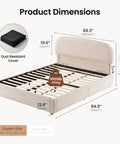 Queen Lift Up Storage Bed Frame With Adjustable Headboard Featuring Premium Chenille Upholstery And Smooth Curved Edges For A Chill Sleep Vibe And Solid Setup In Beige with dimensions and weight capacity.