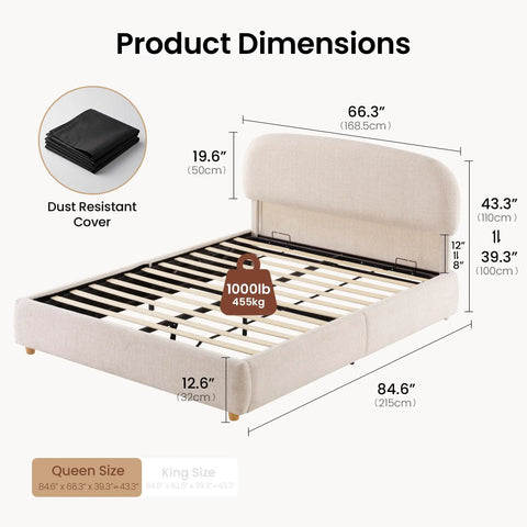 Queen Lift Up Storage Bed Frame With Adjustable Headboard Featuring Premium Chenille Upholstery And Smooth Curved Edges For A Chill Sleep Vibe And Solid Setup In Beige with dimensions and weight capacity.