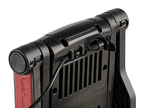 Back view showing power cord and magnetic base of BearTrap 61520 2000 Lumen Multi Function Work Light With Magnetic Base And Hang Hook For Hands Free Spot And Flood Illumination 120V And 100V AC Red Great For Under Dash Auto Repair Garages And Job Sites For Auto Pros And DIYers Everywhere