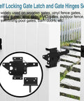 Heavy Duty Self Locking Gate Latch And Hinges Set Built Hella Tough For Vinyl Wood And Metal Fences on a white fence.