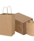 Bulk Brown Kraft Paper Bags With Handles 100 Pack Small Gift Bags 5.25 By 3.25 By 8.25 Inches Durable 110 Gsm displayed in a stack