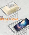 Freestanding Toilet Paper Holder With Shelf For Bathroom Storage Holds Phone Wipes And Mega Rolls In Shiny Chrome with phone tray