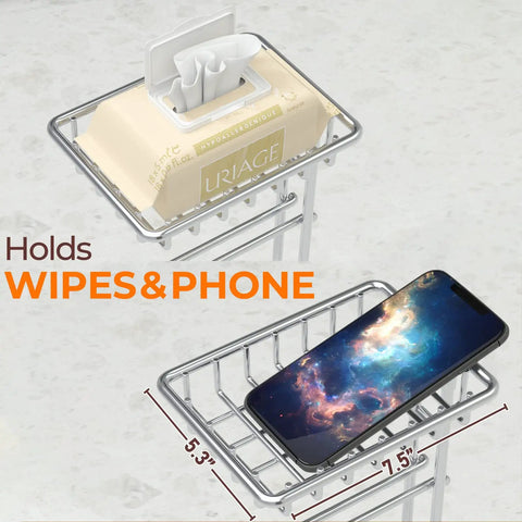 Freestanding Toilet Paper Holder With Shelf For Bathroom Storage Holds Phone Wipes And Mega Rolls In Shiny Chrome with phone tray
