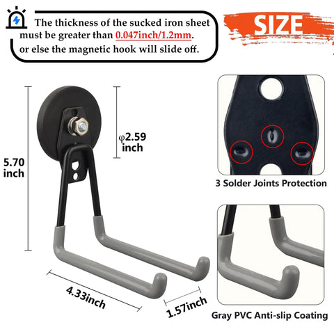 Magnetic Garage Hooks Set, Heavy Duty Tool Organizer For Drills And Garden Tools with gray rubber coating, size details shown