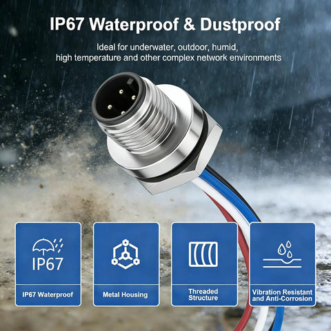 IP67 M12 4 Pin A Coded Male Connector Cable 0.7ft Rear Bulkhead Panel Receptacles 12mm Straight Unshielded Outdoor Use