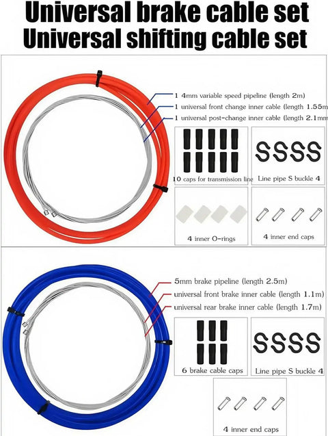 Two In One Universal Bike Brake And Shifter Cable Kit with High Carbon Steel and PVC, cables and end caps displayed.