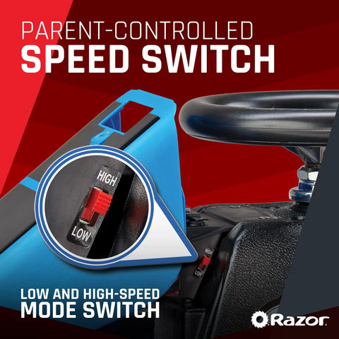 Close-up of Crazy Cart Shift Electric Go Kart for Kids Ages 6 and Up 12V Drifting System with high and low speed switch