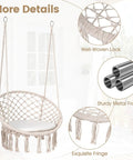 Close-up of Beige Macrame Swing Chair with Round Seat Cushion, Durable Polyester Cotton Ropes, Sturdy Metal Rings, Boho Vibe.