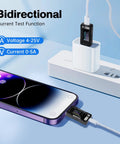 USB C Power Meter Tester With Color Screen And Real Time Voltage Current Readouts 4 To 25V 5A Monitor connected with phone