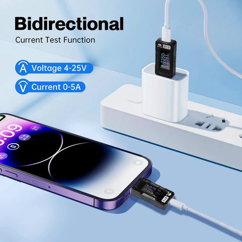 USB C Power Meter Tester With Color Screen And Real Time Voltage Current Readouts 4 To 25V 5A Monitor connected with phone