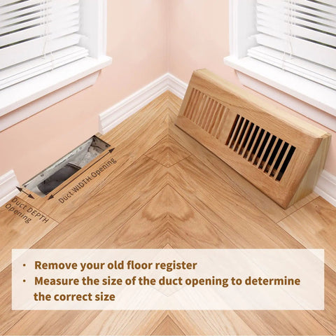 Oak Baseboard Floor Register 15 Inch Louvered Wood Vent Diffuser in room corner next to duct opening, pre-finished oak.
