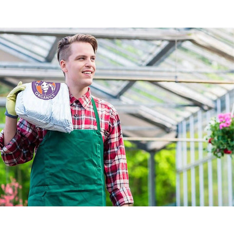 Person holding All Natural Compost Based Seed Starter Mix 12 Quart Bag in a greenhouse setting.