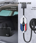 Heavy Duty Electric Vehicle Charger Built For Tesla Level 1 And 2 J1772 Portable Wall Mount with storage bag and mounted charger.