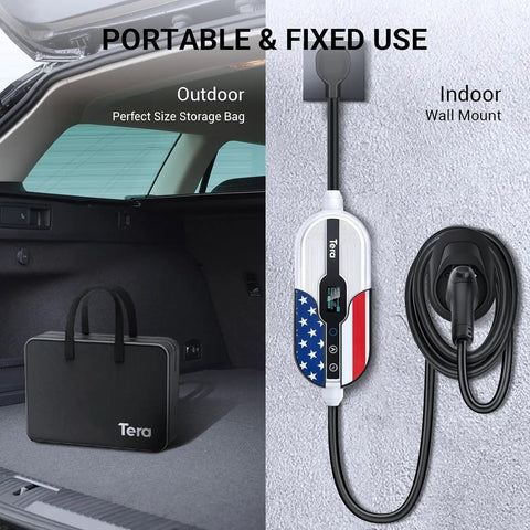 Heavy Duty Electric Vehicle Charger Built For Tesla Level 1 And 2 J1772 Portable Wall Mount with storage bag and mounted charger.