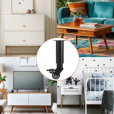 Adjustable Metal Furniture Legs With Swivel Casters, 4 Pack, Heavy Duty Replacement Table Legs, shown with various furniture.