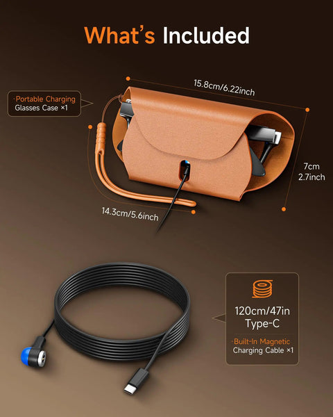 Portable Magnetic Charging Case For Ray Ban Meta Smart Glasses Gen 1 And Gen 2 with cable dimensions shown
